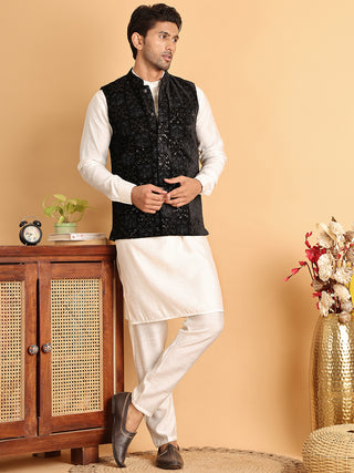 Men's Velvet Nehru Jacket With Solid Kurta Pyjama