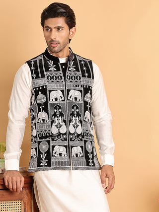 Men's Embroidered & Velvet Nehru Jacket With Solid Kurta Pyjama