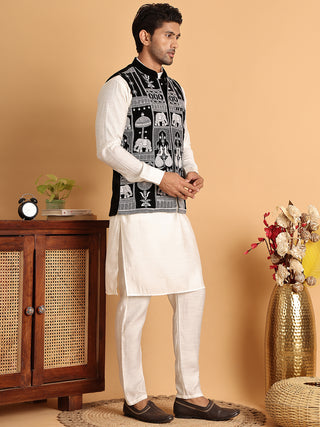 Men's Embroidered & Velvet Nehru Jacket With Solid Kurta Pyjama