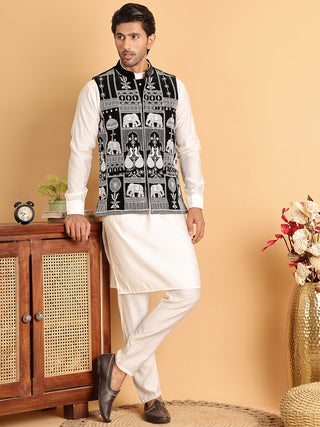 Men's Embroidered & Velvet Nehru Jacket With Solid Kurta Pyjama