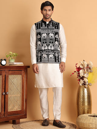 Men's Embroidered & Velvet Nehru Jacket With Solid Kurta Pyjama