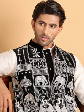 Men's Embroidered & Velvet Nehru Jacket With Solid Kurta Pyjama