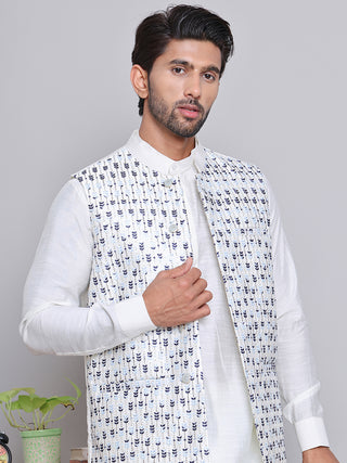 Embroidered Nehru Jacket With Solid Kurta Pyjama