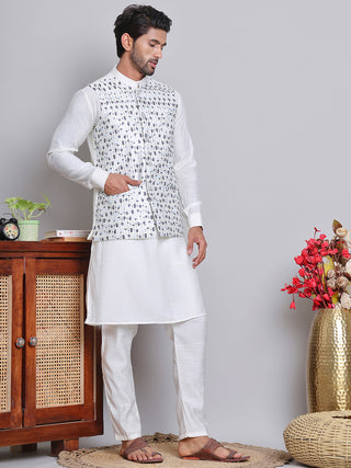 Embroidered Nehru Jacket With Solid Kurta Pyjama