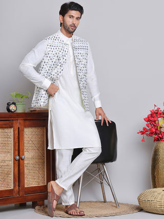 Embroidered Nehru Jacket With Solid Kurta Pyjama