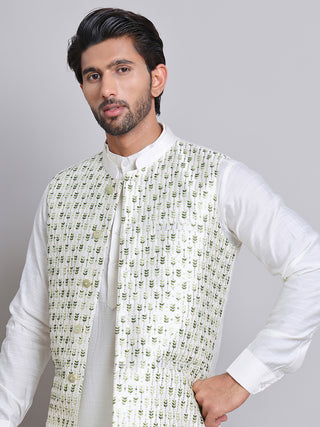 Embroidered Nehru Jacket With Solid Kurta Pyjama