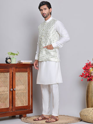 Embroidered Nehru Jacket With Solid Kurta Pyjama