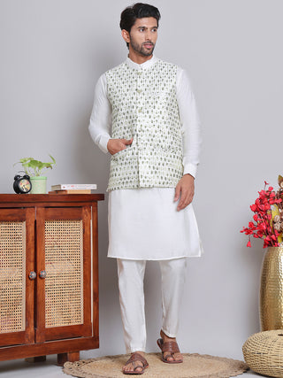 Embroidered Nehru Jacket With Solid Kurta Pyjama