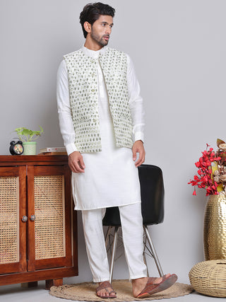 Embroidered Nehru Jacket With Solid Kurta Pyjama