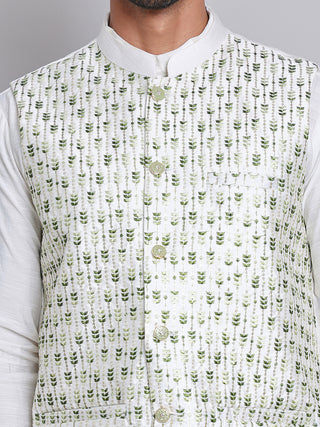 Embroidered Nehru Jacket With Solid Kurta Pyjama