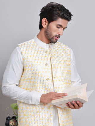 Embroidered Nehru Jacket With Solid Kurta Pyjama