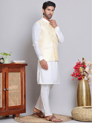 Embroidered Nehru Jacket With Solid Kurta Pyjama