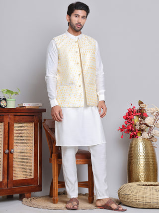 Embroidered Nehru Jacket With Solid Kurta Pyjama