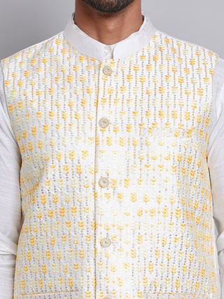 Embroidered Nehru Jacket With Solid Kurta Pyjama