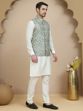 Embossed Nehru Jacket with Solid Kurta Set for Men