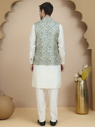 Embossed Nehru Jacket with Solid Kurta Set for Men