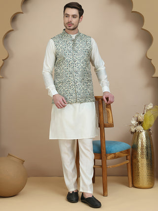 Embossed Nehru Jacket with Solid Kurta Set for Men