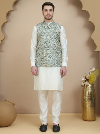 Embossed Nehru Jacket with Solid Kurta Set for Men