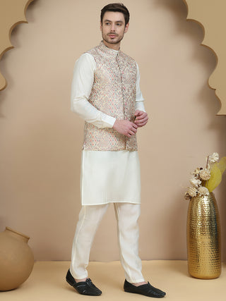 Embossed Nehru Jacket with Solid Kurta Set for Men