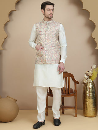 Embossed Nehru Jacket with Solid Kurta Set for Men