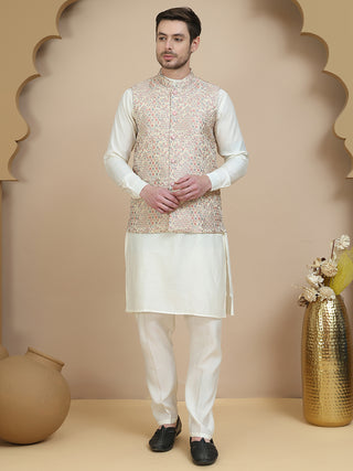 Embossed Nehru Jacket with Solid Kurta Set for Men