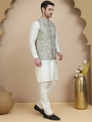 Embossed Nehru Jacket with Solid Kurta Set for Men