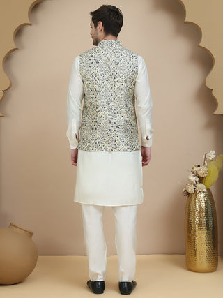 Embossed Nehru Jacket with Solid Kurta Set for Men