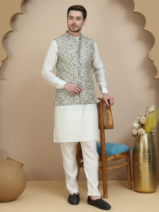 Embossed Nehru Jacket with Solid Kurta Set for Men