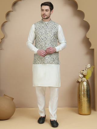 Embossed Nehru Jacket with Solid Kurta Set for Men