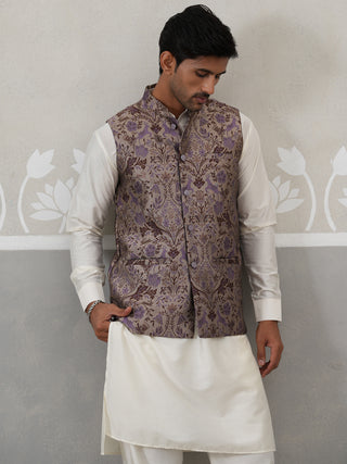 Woven Design Nehru Jacket with Cream Kurta Pyjama Set