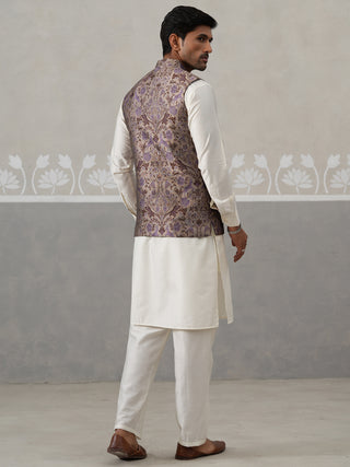 Woven Design Nehru Jacket with Cream Kurta Pyjama Set