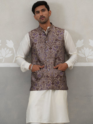 Woven Design Nehru Jacket with Cream Kurta Pyjama Set
