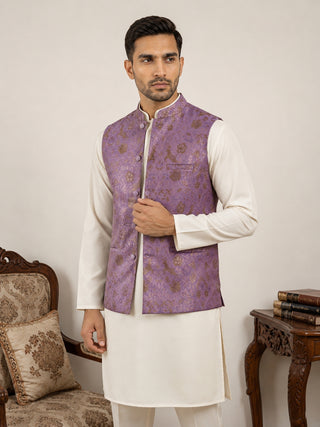 Woven Design Nehru Jacket with Cream Kurta Pyjama Set