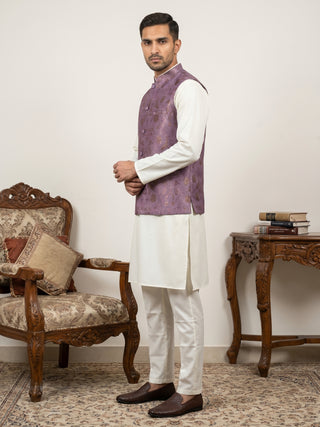 Woven Design Nehru Jacket with Cream Kurta Pyjama Set