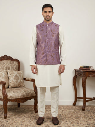 Woven Design Nehru Jacket with Cream Kurta Pyjama Set