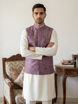Woven Design Nehru Jacket with Cream Kurta Pyjama Set