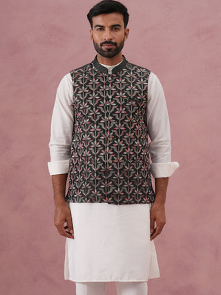 Festive Embroidered Nehru Jacket with Classic Kurta Pyjama