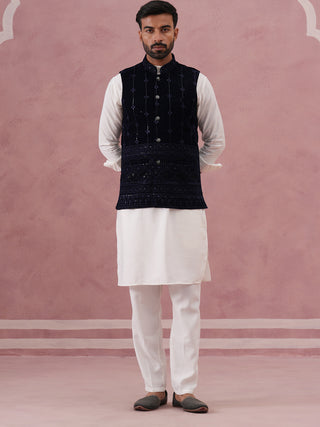 Designer Embroidered Velvet Nehru Jacket with Kurta Pyjama