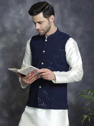 Men's Sequins and Embroidred Nehru Jacket With Solid Kurta Pyjama.