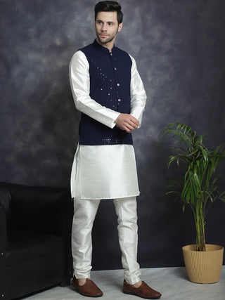 Men's Sequins and Embroidred Nehru Jacket With Solid Kurta Pyjama.