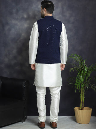 Men's Sequins and Embroidred Nehru Jacket With Solid Kurta Pyjama.