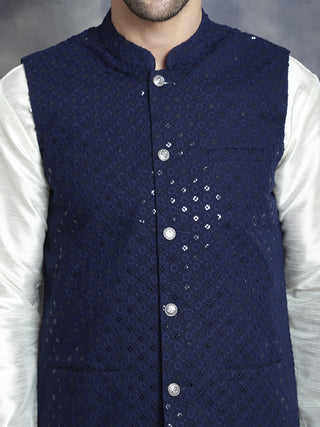 Men's Sequins and Embroidred Nehru Jacket With Solid Kurta Pyjama.