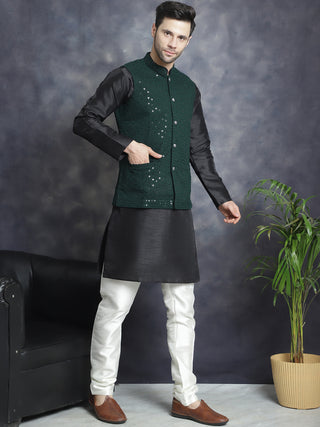 Men's Sequins and Embroidred Nehru Jacket With Solid Kurta Pyjama.