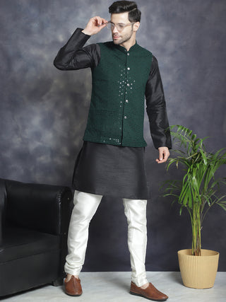 Men's Sequins and Embroidred Nehru Jacket With Solid Kurta Pyjama.