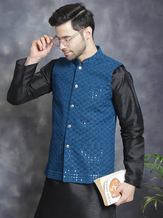 Men's Sequins and Embroidred Nehru Jacket With Solid Kurta Pyjama.