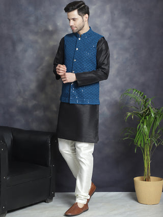 Men's Sequins and Embroidred Nehru Jacket With Solid Kurta Pyjama.