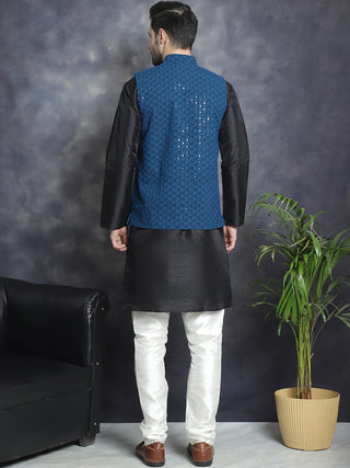 Men's Sequins and Embroidred Nehru Jacket With Solid Kurta Pyjama.