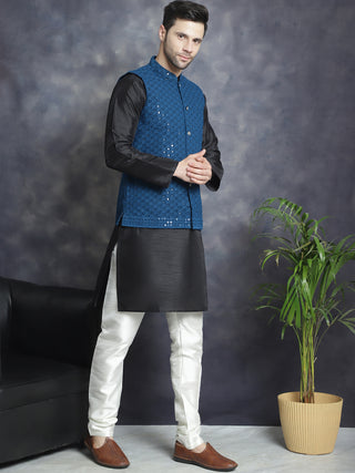 Men's Sequins and Embroidred Nehru Jacket With Solid Kurta Pyjama.