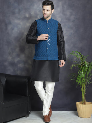 Men's Sequins and Embroidred Nehru Jacket With Solid Kurta Pyjama.