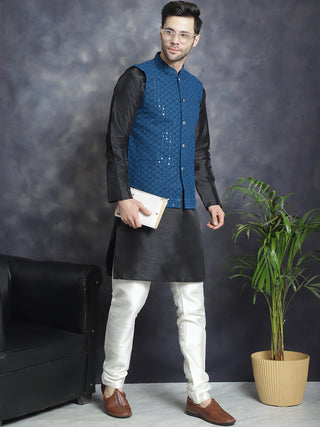 Men's Sequins and Embroidred Nehru Jacket With Solid Kurta Pyjama.